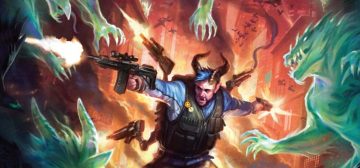 Ilustración de Shadowrun que muestra en el centro a orko con chandal azul, equipado con un chaleco táctico y un arnés, que le permite empuñar junto con sus propios brazos cinco armas de fuego con las que intenta aumentar su supervivencia en combate. Le asaltan espíritus de color verde aguamarina desde todos los ángulos, mientras la ciudad tras él parece en llamas de colores anaranjados.