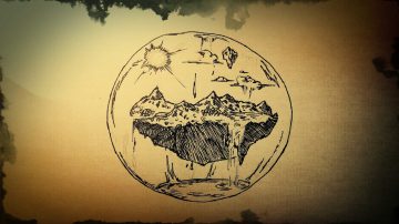 Boceto de una esfera cristalina que flota en el aire y contiene en su interior una enorme porción de tierra con cordilleras, bosques, ríos y lagos. Una visión de un universo fantástico diferente.