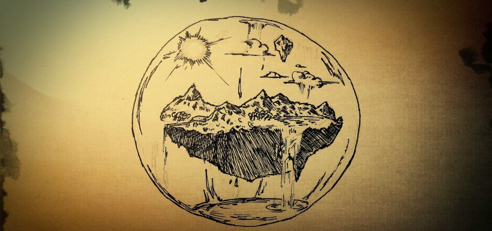 Boceto de una esfera cristalina que flota en el aire y contiene en su interior una enorme porción de tierra con cordilleras, bosques, ríos y lagos. Una visión de un universo fantástico diferente.