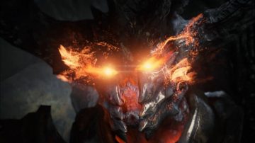 Primer plano de la cabeza de una criatura elemental de roca y lava. Toda su piel está hecha como de placas de piedra superpuestas, con unos grandes cuernos del mismo material. Entre sus placas se ve el resplandor del magma que hay en su interior, mientras sus ojos expulsan llamaradas y cientos de chispas de fuego.