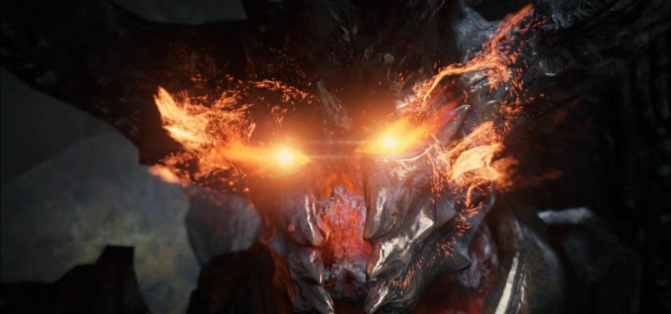 Primer plano de la cabeza de una criatura elemental de roca y lava. Toda su piel está hecha como de placas de piedra superpuestas, con unos grandes cuernos del mismo material. Entre sus placas se ve el resplandor del magma que hay en su interior, mientras sus ojos expulsan llamaradas y cientos de chispas de fuego.