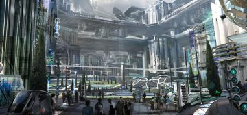 Ilustración concept art para el remake de Total Recall del año 2012. Muestra, desde el nivel de la calle, una panorámica de las calles de una ciudad, sus edificios y varios niveles de pasarelas entre ellos tan amplias que pueden usarse como paseos o avenidas. Predominan los colores grises, que contrastan con ocasionales verdes de cierta vegetación vestigial. Ésta podría ser una escena habitual en aventuras de Walküre.