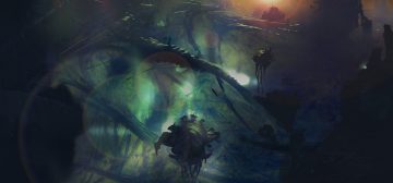Ilustración digital de lo que parece ser una colmena tiránida durante el crepúsculo, o un a parte de la subcolmena de Necromunda infestada de estas criaturas (tal vez la colmena Secundus con sus malstrain genestealers. Hay tres criaturas globulares flotando con tentáculos colgando por abajo distribuidas la imagen, como si fueran una especie de medusas monstruosas, navegando entre estructuras como enormes tendones cubiertos de placas quitinosas y filamentos rígidos descomunales. Todo tiene un aspecto orgánico y peligroso, en colores cyan y aguamarina oscuro.
