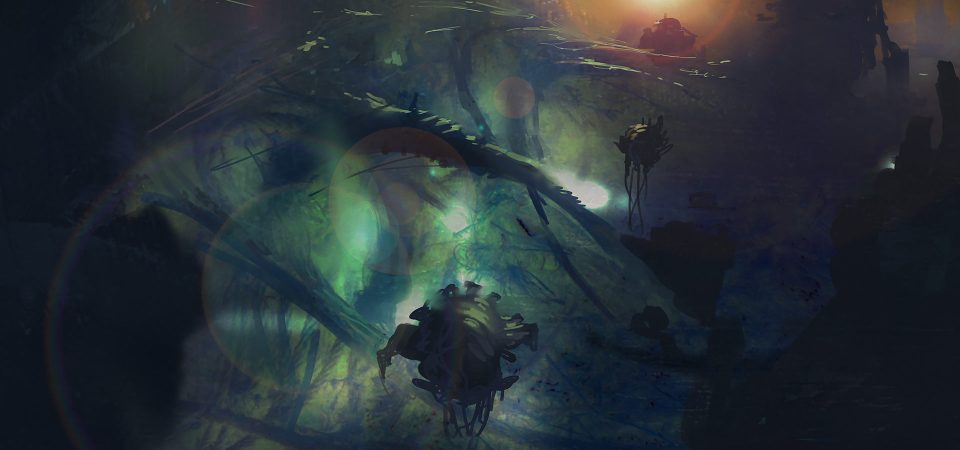 Ilustración digital de lo que parece ser una colmena tiránida durante el crepúsculo, o un a parte de la subcolmena de Necromunda infestada de estas criaturas (tal vez la colmena Secundus con sus malstrain genestealers. Hay tres criaturas globulares flotando con tentáculos colgando por abajo distribuidas la imagen, como si fueran una especie de medusas monstruosas, navegando entre estructuras como enormes tendones cubiertos de placas quitinosas y filamentos rígidos descomunales. Todo tiene un aspecto orgánico y peligroso, en colores cyan y aguamarina oscuro.