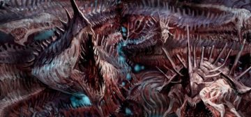 Ilustración de un confuso enjambre de criaturas parecidas a larvas de segmentos acorazados y con espinas por todos lados. Sus partes bajas tienen un color encarnado mientras las espaldas, más blindadas, tienen un violeta apagado. Representa el ataque de un enjambre de terrormigas en Necromunda.