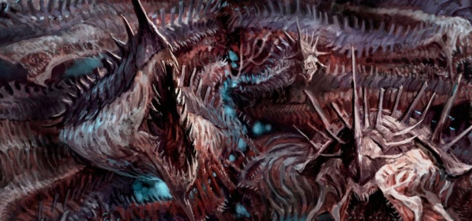 Ilustración de un confuso enjambre de criaturas parecidas a larvas de segmentos acorazados y con espinas por todos lados. Sus partes bajas tienen un color encarnado mientras las espaldas, más blindadas, tienen un violeta apagado. Representa el ataque de un enjambre de terrormigas en Necromunda.