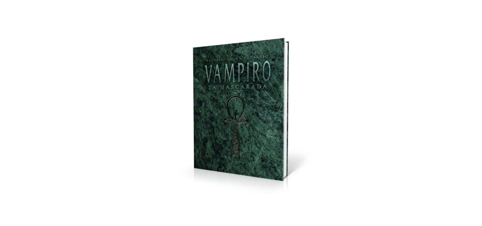 El libro del manual básico de Vampiro la Mascarada, edición 20 aniversario, en un fondo blanco prístino y perfecto. Todo lo contrario a la visión de horror personal que decía ser la primera edición, y que yo he estado dirigiendo.