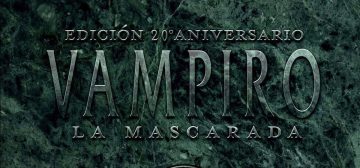 Con aspecto de una losa pulida de mármol verde, commo tallado en relieve, con un estilo de letra elegante y de extremos afilados, el texto Vampiro La Mascarada y encima Edición 20º Aniversario. El texto principal es Vampiro, en letra mucho más grande. Mientras que Edición 20º Aniversario y La Mascarada, tienen tamaño de letra mucho menor y se ubican encima y debajo de Vampiro, respectivamente, abarcando casi la misma anchura que la palabra principal.