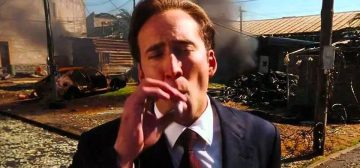 Fotograma de la película El señor de la guerra. Muestra al actor Nicholas Cage fumando un puro con deleite, vestido de traje negro, camisa blanca y corbata roja oscura. Detrás de él, un escenario de guerra urbana, con coches calcinazos, montones de escombros y nubes de humo en una ciudad arrasada. Es un ejemplo de los muchos personajes villanos que consideran que sus actos están justificados y que usaremos como ejemplo para crearlos en juegos de rol.