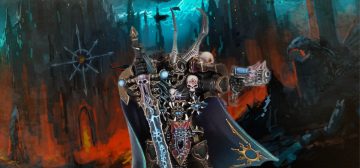 Imagen de la miniatura de Warhammer 40000 para Baranon Corvax, el líder de la banda de guerra de la Legión Negra llamada Sombras Injuriadoras. Tiene una armadura negra con rebordes dorados y una decoración muy recargada en símbolos del Caos Unificado, así como unos característicos cuernos muy largos que le salen de la frente. Porta una capa en color azul nocturno, una espada demonio en la mano derecha (cuya punta apoya en el suelo) y, en la mano izquierda, una pistola de plasma parcialmente orgánica que tiene ojos.