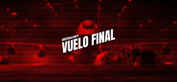 Imagen en tonos rojos y negros, formada como con un tramado de líneas horizontales que van aumentando de grosor o reduciéndose, según la intensidad de la luz en cada punto, que muestra un avión de pasajeros Boeing 747 en un hangar. Parece el efecto de una visión nocturna antigua o de mala calidad. Sobre la imagen, en letras blancas muy cuadradas pero con inclinación a la derecha, aparece el título "VUELO FINAL".