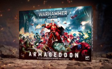 Imagen promocional de la caja de Warhammer 40000 Armageddon, la undécima edición del juego de batallas de miniaturas.
