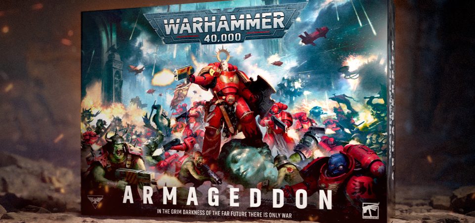 Imagen promocional de la caja de Warhammer 40000 Armageddon, la undécima edición del juego de batallas de miniaturas.