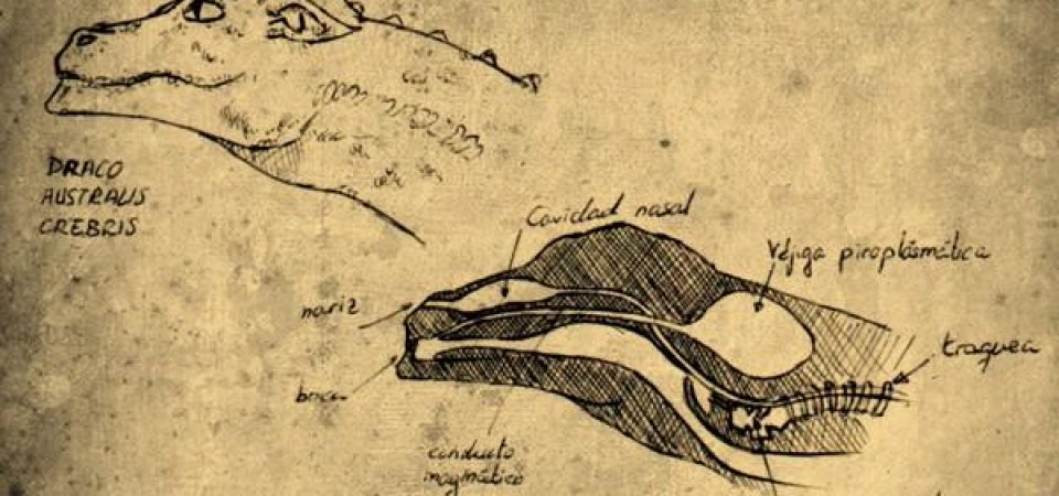Ilustración donde se muestran dos vistas laterales de la cabeza y cuello de un dragón. Una es exterior. La otra es una sección longitudinal que muestra las diferentes partes del aparato fonador y piroexhalador del dragón. Se trata de un extracto de la obra De Natura Draconis.