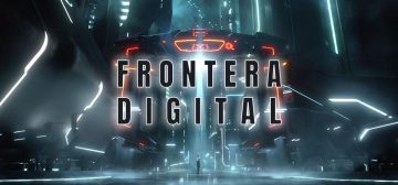 El texto Frontera Digital, en color oscuro y con un borde de color blanco que refulge con efectos de neón. Por debajo, a modo de decoración un fotograma de la película Tron Legacy mostrando una calle similar a una gran ciudad, pero con esquinas, bordes y luminarias formadas por bandas de luz blanca flúor, mientras que suelos y paredes son de tonos gris azulados muy oscuros, dando un aspecto muy tecnológico y artificial.