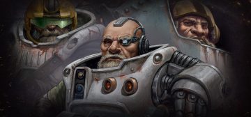 Ilustración mostrando tres Ironhead Squat Prospectors por sus bustos, con sus armaduras rígidas de minería de color blanco, pobladas barbas y cejas. El del centro lleva la cabeza descubierta, mostrando implantes cibernéticos en ojo y oído, mientras que los otros dos, que están a sus lados y por encima de sus hombros, llevan los amplios cascos redondos de color amarillo dorado con viseras verdes. Un buen ejemplo de miembros de estas bandas de Necromunda.
