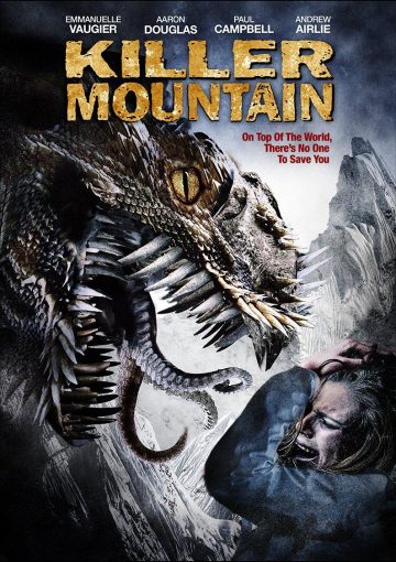 Carátula de la película Killer Mountain (Ascenso mortal). En ella se ve una chica rubia, con abrigo azul, cubriéndose la cara con horror antes de ser devorada por un bicho que parece una serpiente cruzada con un lagarto, cruzados con una colección de alfileres de tantos pinchos que tiene y que, en lugar de lengua, le salen tentáculos de pulpo de la boca.