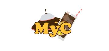 El logo del podcast Misterios y cubatas, sobre fondo blanco. El logo está formado por las letras "MyC", en una tipografía muy redondeada, en color amarillo plátano y filete negro. Tras las letras, imágenes muy esquemáticas de una vaso de cubata, con su pajita con franjas, cubitos y rodajas de naranja, y de un OVNI achaparrado con ojos de buey color plátano, una línea horizontal rosa y una cúpula de cristal coronada por una antena.