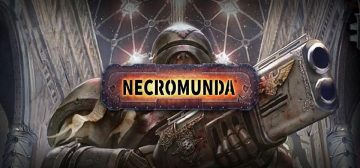 El logotipo del juego Necromunda, en color. Debajo del logo se encuentra una ilustración en contrapicado de un agente del Adeptus Arbites con su armadura de color oscuro y empuñando con las dos manos su escopeta decorada con el águila imperial, mientras detrás de él se ve una cúpula de cristal con refuerzos metálicos coronando una estancia de piedra con altas columnas.