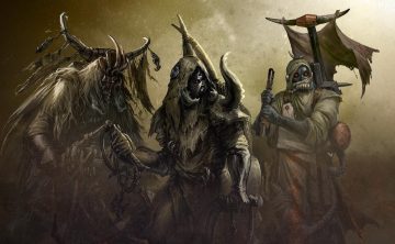 Ilustración en tonos terrosos de tres miembros de los Ash Waste Nomads una de las facciones de bandas de Necromunda. Son personas, o al menos humanoides, cubiertos por completo de ropajes gruesos andrajosos en color tierra, con máscaras metálicas y lentes oculares rojas, con abundante decoración hecha con fragmentos de quitina de insectos gigantes y portando grandes depósitos de aire de color bronce.