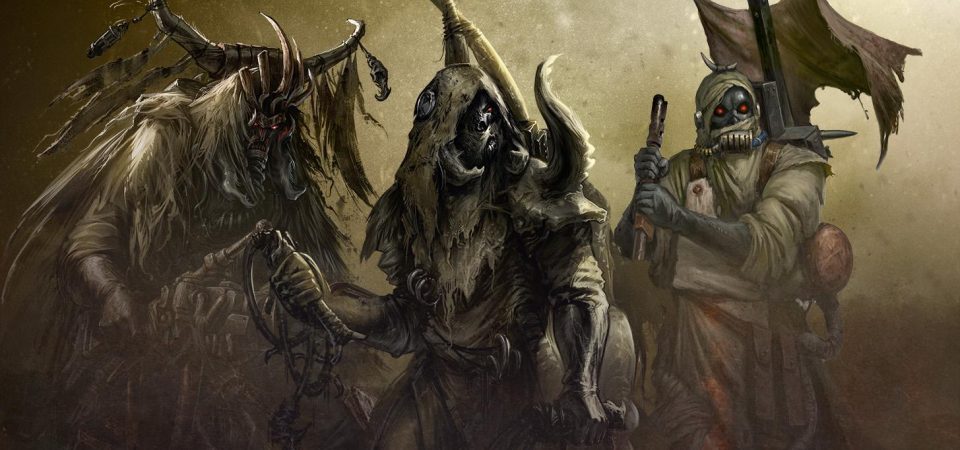 Ilustración en tonos terrosos de tres miembros de los Ash Waste Nomads una de las facciones de bandas de Necromunda. Son personas, o al menos humanoides, cubiertos por completo de ropajes gruesos andrajosos en color tierra, con máscaras metálicas y lentes oculares rojas, con abundante decoración hecha con fragmentos de quitina de insectos gigantes y portando grandes depósitos de aire de color bronce.