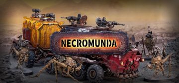 Fotografía del asalto de un grupo de nómadas de los páramos de Necromunda, cabalgando sus insectos gigantes, a un vehículo Ridge Hauler con remolque en medio de un terreno gris ceniza.