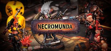 El lotogipo de Necromunda superpuesto sobre una imagen de una líder escher, armada con látigo y combi bolter-agujas, enfrentadas a un líder goliath con pistola de plasma y martillo en un escenario del Submundo. Al fondo, desenfocados, se ven los dados típicos de Necromunda.