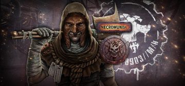 Ilustración de un miembro de banda Cawdor. Como miembro de la Casa Cawdor y como hacen en todas las bandas de Necromunda, tiene un aspecto y colores distintivos. En este caso parece ataviado con ropas andrajosas de aspecto medieval, una máscara de cuero que le cubre toda la cara menos los labios cortados y con los brazos cubiertos de vendajes. Empuña un hacha de aspecto oxidado, que tiene dejada caer sobre el hombro. Por encima de la ilustración del pandillero, los logos de Necromunda y el emblema de la casa Cawdor: un cráneo llameante rodeado de púas y alambre de espinos.