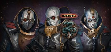 Ilustración mostrando a tres miembros de una banda Delaque, vestidos con su habituales abrigos largos oscuros con filetes dorados que los distinguen del resto de bandas de Necromunda. La imagen está centrada en los bustos, con lo que se ven sus caras y hombros, siendo las tres personas calvas, de piel cenicienta y llevando prótesis metálicas de color bronce en ojos y orejas. Por encima de la ilustración de los pandilleros, los logos de Necromunda y el emblema de la Casa Delaque: dos serpientes verdes enredadas alrededor de la hoja de una daga enjoyada.