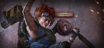 Ilustración de una pandillera de banda Orlock, del tipo wrecker. Como miembro de la Casa Orlock, a modo de distinción entre todas las bandas de Necromunda, lleva el color azul en la camiseta, mientras que las hombreras y el peto, en el que se sostiene con cinchas la mochila reactora habitual de los wreckers, son de color metal. Los reactores llevan el rayado amarillo y negro de precaución. Está en posición como de caer desde el cielo, con los brazos levantados, la melena pelirroja al viento y unas gafas de protección sobre la frente. Tiene los brazos levantados como en equilibrio, con multitud de tatuajes de cadenas en el brazo derecho y empuñando un cuchillo con la mano izquierda. Por encima de la ilustración de la pandillera, los logos de Necromunda y el emblema de la casa Orlock: un guantelete blindado que sostiene una cadena desenrollada.