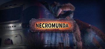 Escena nocturna en la que una caravana de color metal oxidado es zarandeada de forma violenta por una araña de un tamaño casi tan grande como la propia caravana. Encima de la ilustración del Rhino se encuentra el logo de Necromunda. La imagen pretende ilustrar el ataque de una wolf spider gigante del nuevo Bestiario de Necromunda, pero es que en realidad no había nada que fuera de verdad parecido al contenido de la entrada.