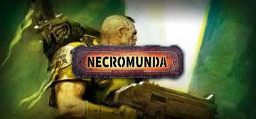 El logo de Necromunda, superpuesto a la imagen de un explorador marine espacial del capítulo de los Puños Imperiales, de cintura para arriba, mirando hacia la derecha. Lleva la típica armadura de explorador de color amarillo con coraza y hombreras que dejan al aire los brazos y la cabeza, llena de cicatrices y cuyo único pelo es un mohicano. Empuña un bolter y lleva a la espalda una mochila con una manta y un cuchillo de grandes dimensiones cuya empuñadura sale hacia arriba.