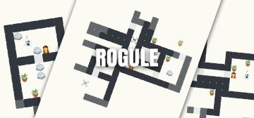 Varias capturas de pantalla del juego Rogule, mostrando diferentes dungeons roguelike, el héroe protagonista y varios monstruos además de decoración de la mazmorra. Está todo creado con formas geométricas y figuras muy esquemáticas (son emojis). Por encima aparece el texto Rogule en letras blancas y un ligero sombreado para que resalte por encima de las capturas.