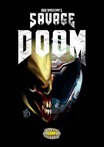 Portada de Savage Doom. Está compuesta por una ilustración con forma de una única cabeza, formada a la izquierda por la cabeza de un hellknight y a la derecha por el casco del Doomguy sobre fondo plano negro. Tiene superpuesto el texto Savage Doom, con la tipografía clásica de la saga Doom en color blanco pero cubierta de arañazos y desconchones.