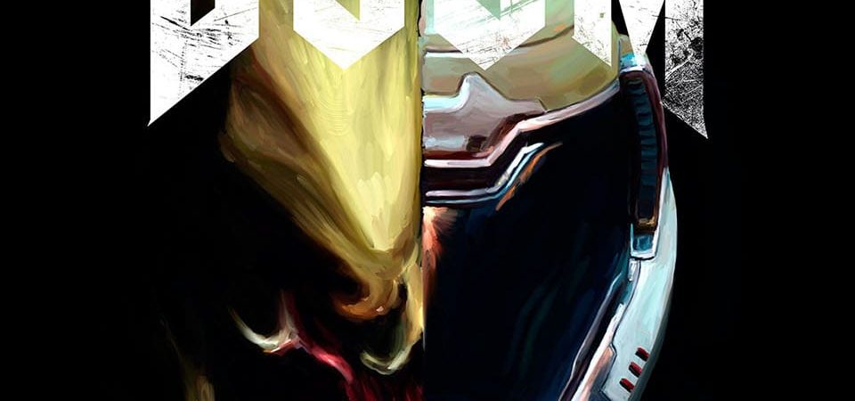 Portada de Savage Doom. Está compuesta por una ilustración con forma de una única cabeza, formada a la izquierda por la cabeza de un hellknight y a la derecha por el casco del Doomguy sobre fondo plano negro. Tiene superpuesto el texto Savage Doom, con la tipografía clásica de la saga Doom en color blanco pero cubierta de arañazos y desconchones.