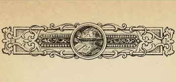 Ilustración decorativa para libro impreso del S. XIX. es un marco rectancular, en una proporción aproximada de 7:1, con ramitas y hojas rodeando los bordes. En su centro hay una circunferencia con una ilustración de lo que parecen una bola del mundo, un libro abierto y rollos de pergamino o papel. Por el aspecto, textura y época, seguramente fuera un grabado.