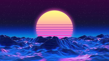 Paisaje montañoso y horizonte recreado con un wireframe de líneas de neón en tonos azules, iluminado por los reflejos de la luz de un sol naranja y magenta formado por gruesas líneas horizontales, sobre un cielo estrellado. Es la estética idealizada de los años 80 que homenajea, al nivel de música, el género synthwave. Image by ? e s c p ? Art | Free images by https://www.artapixel.com