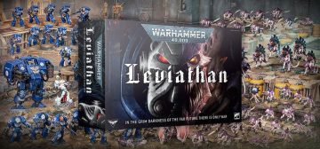 La caja de lanzamiento de Warhammer 40000 10ª edición: Leviathan. La caja es negra, rectangular, con el logo de Warhammer 40000 ocupando la parte superior, las letras Leviathan en el centro con un estilo medieval anguloso y debajo, de decoración, las "medias cabezas" de un exterminador de los ultramarines (a la izquierda) y a la derecha la de una criatura tiránida con las fauces abiertas. Detrás de la caja se ve un escenario del juego de miniaturas mostrando un enfrentamiento entre un ejército de ultramarines y otro de tiránidos en un escenario lleno de ruinas y escombros de color tierra.